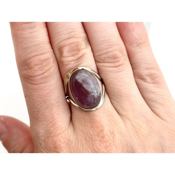 Domed Amethyst Semi-Precious Silver Adjustable Southwest Vintage Ring - sz 8 - Picture 7 of 9